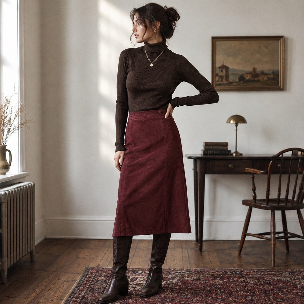 Vintage Y2K White Stag Faux Suede Midi Skirt Burgundy Size 12 Stretch